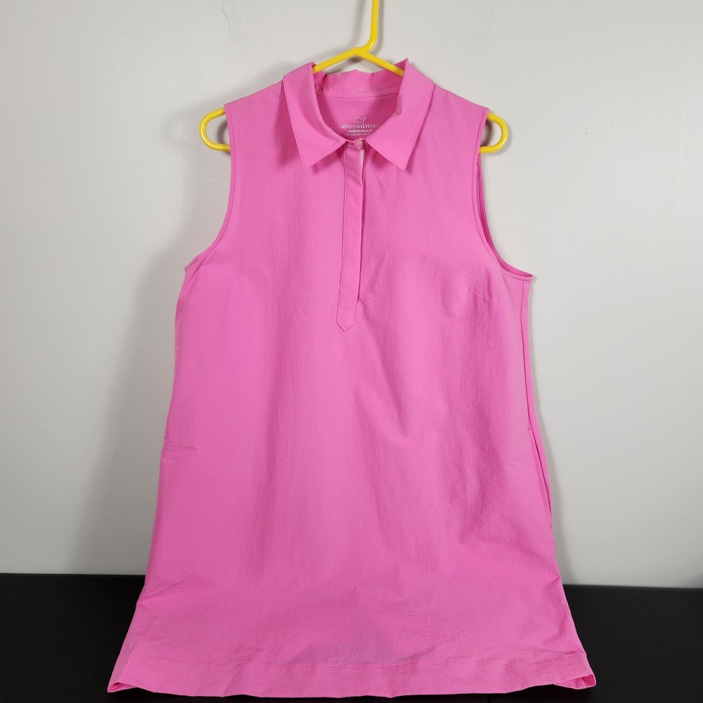 Vineyard Vines Harbor Popover Dress Fuchsia Pink Performance Seersucker L 3392